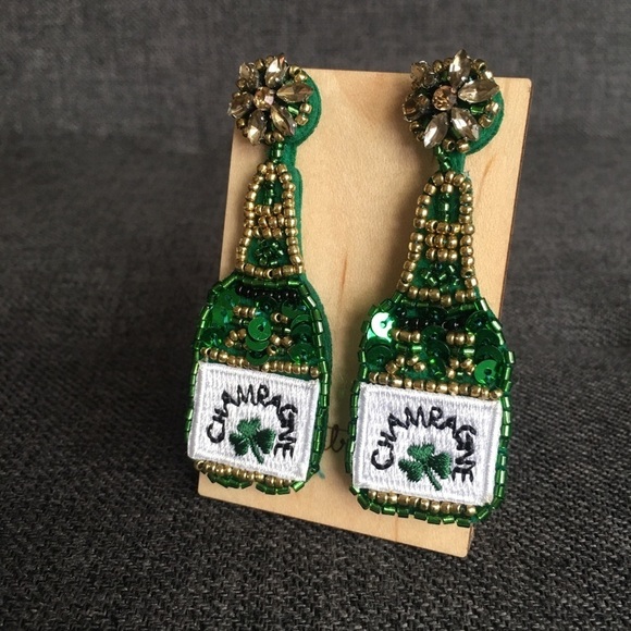 Felt Fabric Rhinestone & Sequin Champagne Bottle Shamrock Earrings, Green, Gold - Picture 11 of 16